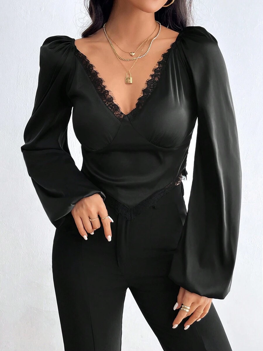 SHEIN Privé Quý cô Trang trí ren Tay áo lồng đèn Áo sơ mi - màu đen - Xem 1