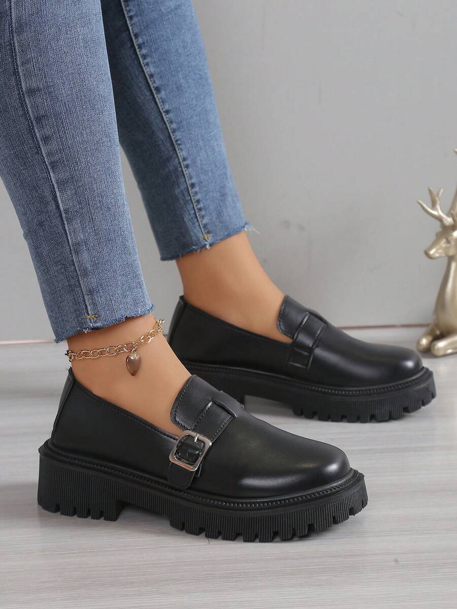 女性黑色一腳蹬樂福鞋附腰帶搭扣裝飾,多用途粗鞋底高跟鞋&復古圓頭瑪麗珍鞋適用於春季/秋季,學院風 - 黑色 - 查看 1