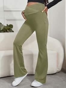 SHEIN Maternity Adjustable Waist Wide Leg Pants, Long - Green - View 5