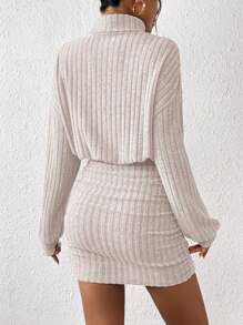 SHEIN Frenchy Women's Turtleneck Drop Shoulder, Ribbed Knit Sweater Textured Fabric Dress Winter Casual Spring - Apricot - View 2