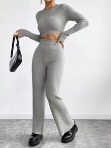 SHEIN Unity 2 件女士纯色针织套装 - 淺灰色 - 查看 5