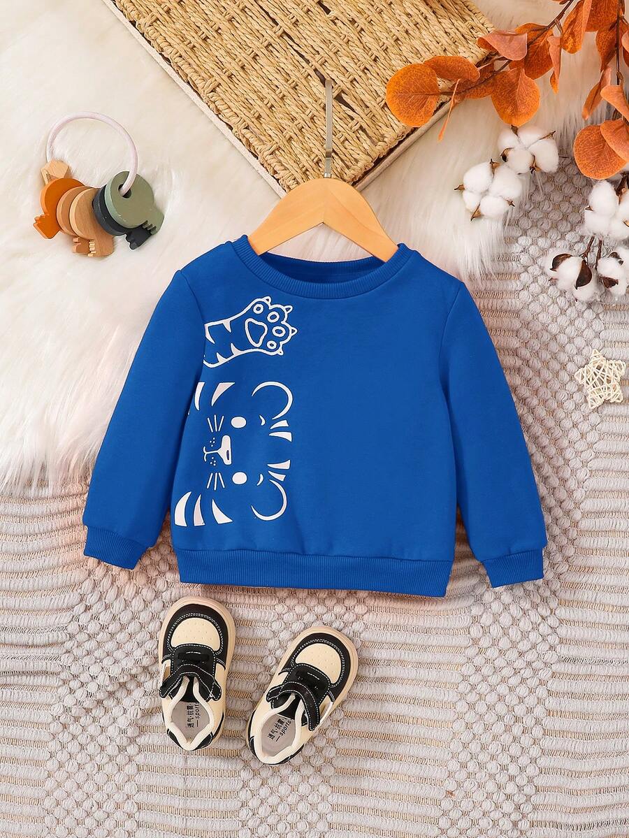 SHEIN 中性寶寶休閒可愛老虎印花寬鬆圓領薄款上衣 - 藍色 - 查看 1