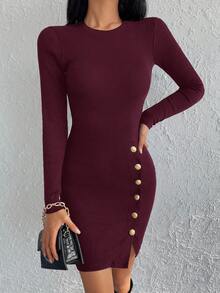 RueChic 純色修身圓領連身裙 - 紫紅色 - 查看 5