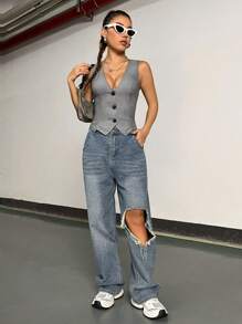 StreetHx 西裝用純色背心 - 深灰色 - 查看 4