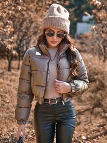 SHEIN LUNE Áo khoác đệm PU cổ đứng tay dài màu trơn giản dị, quần áo mùa thu/đông - Cà phê nâu - Xem 1