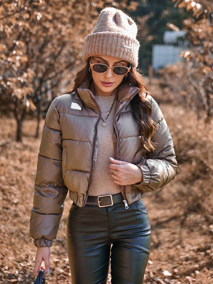 SHEIN LUNE Áo khoác đệm PU cổ đứng tay dài màu trơn giản dị, quần áo mùa thu/đông - Cà phê nâu - Xem 1