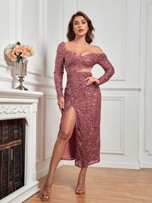 Double Crazy Asymmetrical Neck Split Thigh Sequin Cocktail Dress - Pink - View 1