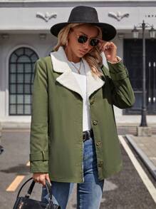 SHEIN LUNE Women'S Collared Single Breasted Thermal Lined Coat - Army Green - View 4