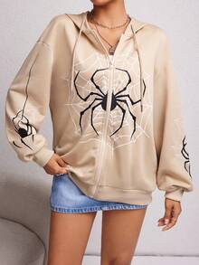 SHEIN EZwear 蜘蛛網印花掉肩束口拉鍊連帽衛衣 - 卡其色 - 查看 4