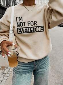 SHEIN Essnce 女款標語印花落肩套頭衫 - 杏色 - 查看 1