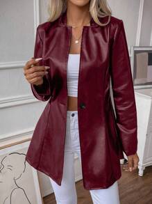 SHEIN Privé 純色單鈕pu皮外套