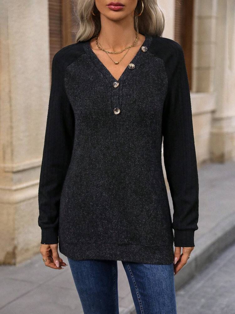 Button Detail Raglan Sleeve Sweatshirt