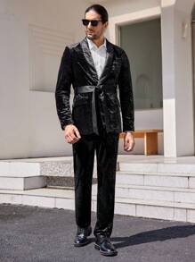 GENTILAND Nam Khăn quàng Nhung Blazer & quần Không có thắt lưng - màu đen - Xem 3