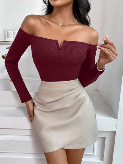 Firerie Camiseta De Vendaje De Color Sólido De Punto Acanalado Para Mujer Con Cuello De Un Hombro