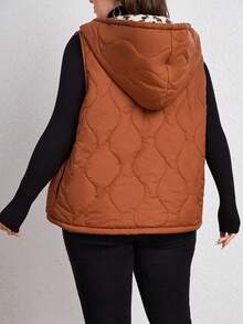 SHEIN LUNE Plus Zip Up Hooded Vest Quilted Coat - Rust Brown - View 3