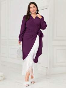 Modelyn Talla grande Vestido ribete con fleco cruzado con nudo lateral - Rojo violeta - Ver 4