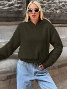 EURMUSE Solid Drop Shoulder Teddy Hoodie - Dark Green - View 3