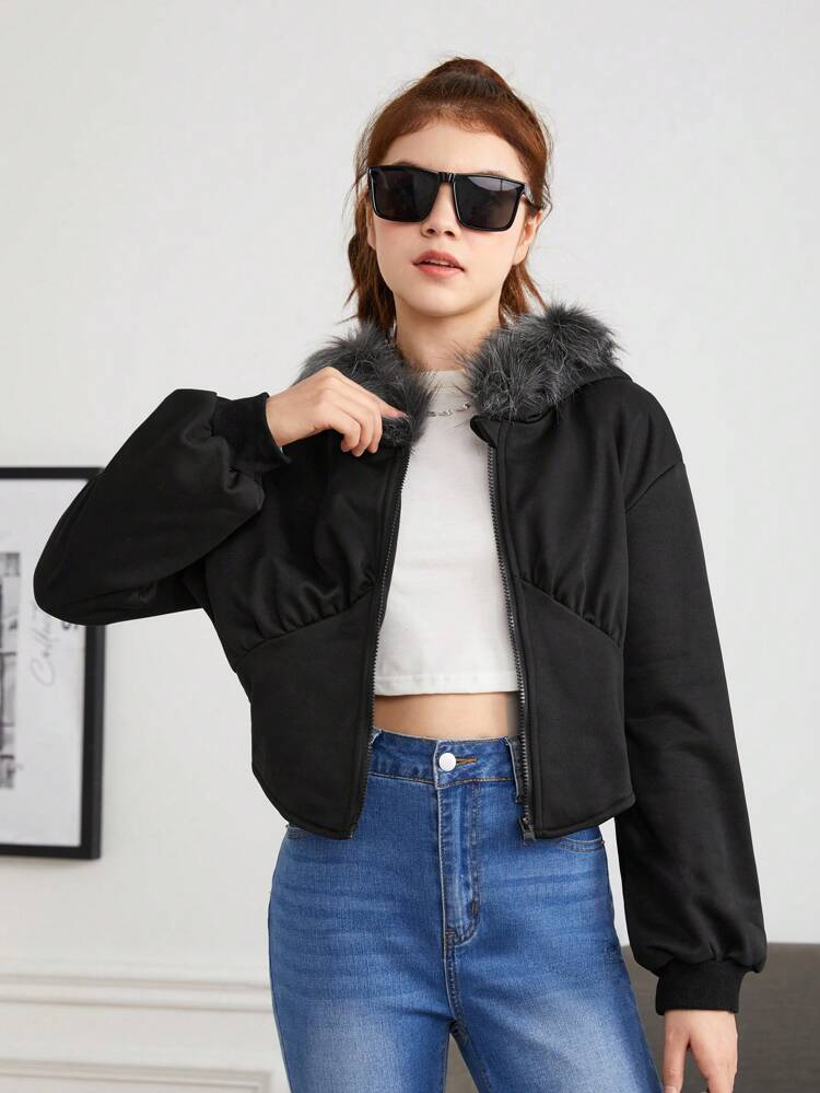 Teen Girl Fuzzy Trim Zip Up Sweatshirt