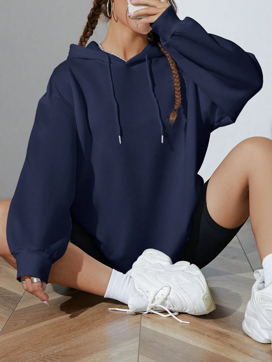 SHEIN EZwear 素色落肩袖連帽衛衣帶拉繩 - 寶藍色 - 查看 1