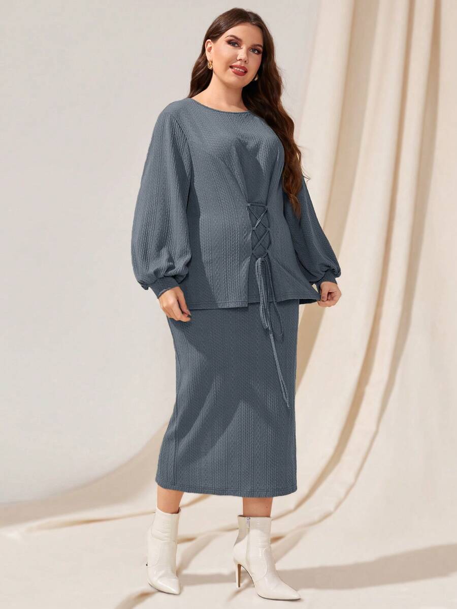 Mulvari Plus Size Round Neck Loose Cross Strap Top And Skirt Two Piece Set - Dusty Blue - View 1