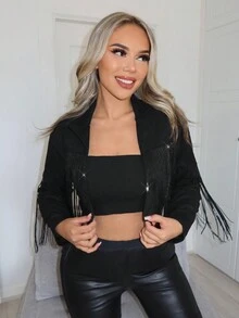 SHEIN SXY sequin Fringed Short Jacket - Black - View 3