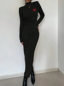 SHEIN Privé Women's Slim Fit Heart Pattern Stand Collar Dress - Black - View 4