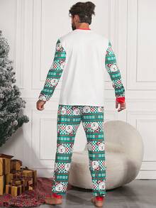 男士熊印花长袖圆领上衣和长裤家居服套装 - 綠色 - 查看 2