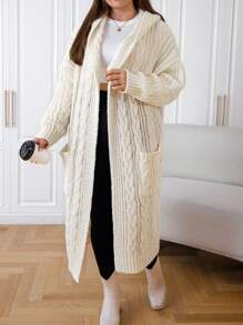 SHEIN EZwear 女式大尺碼長款連帽針織開衫毛衣 - 白色 - 查看 3