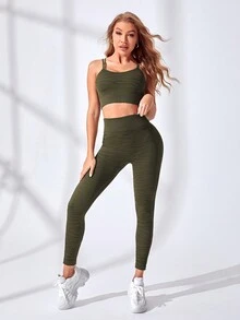女士條紋彈性健身運動服裝 - 軍綠色 - 查看 6