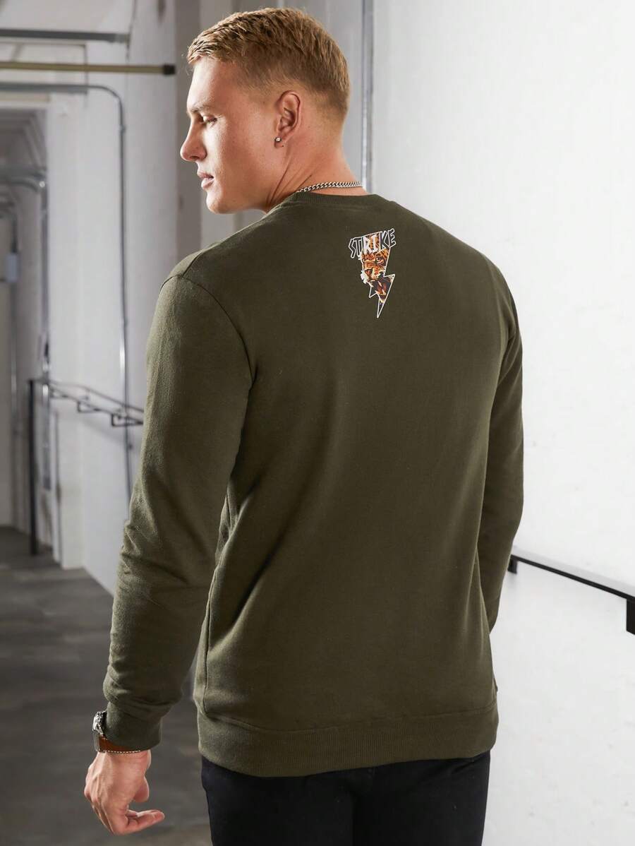 RueChic Men Letter Graphic Sweatshirt - Army Green - View 1