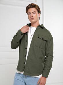 EURMUSE Men's Solid Color Flap Pocket Jacket - Army Green - View 2