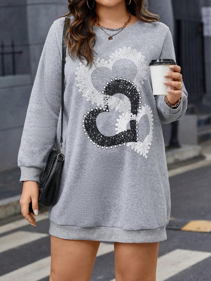 Calvaya Plus Size Women Heart Print Round Neck Long Sleeve Casual Hoody Dress Thermal For Autumn/Winter - Grey - View 1