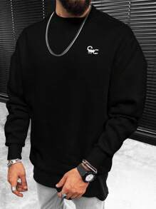 Manfinity Homme 男士大码蠍印花落肩袖運動衫 - 黑色 - 查看 1