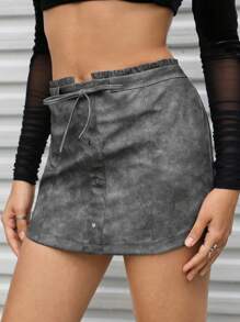 SHEINNeu Ladies' Drawstring Patch Pocket Skirt - Grey - View 4