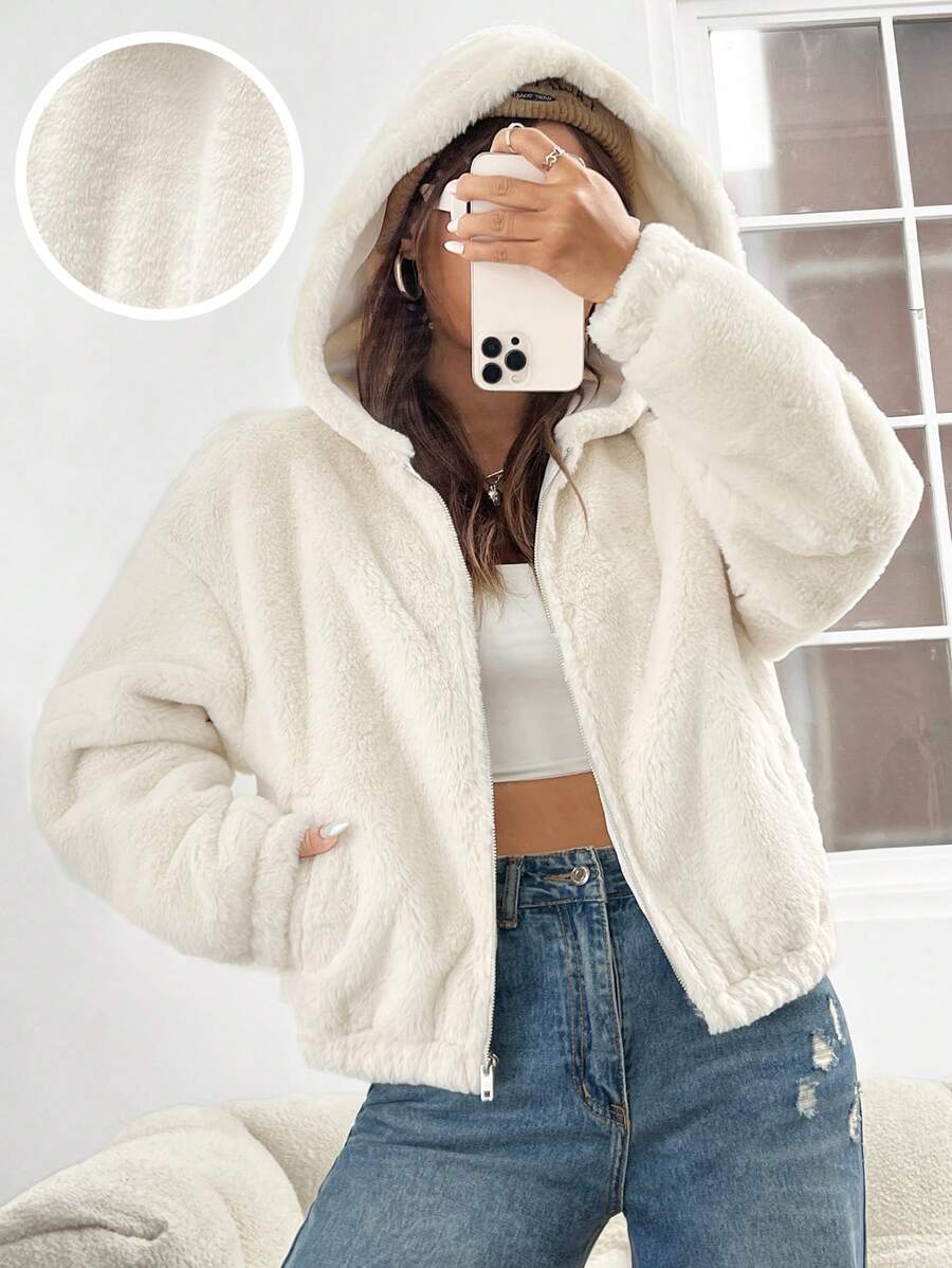 SHEIN EZwear Thả vai Dây kéo áo có mũ 	
Fuzzy áo - trắng - Xem 1