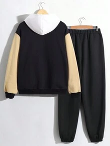 SHEIN 青少年男孩字母圖案雙色飛行員夾克和運動褲無連帽衫 - 彩色 - 查看 2