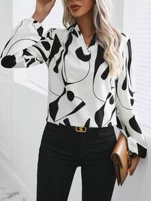 SHEIN Privé Women's Geometric Printed Notch Collar Lantern Sleeve Blouse - Multicolor - View 6