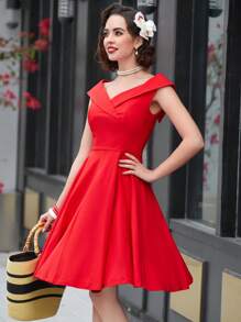 MUXXN Đầm xòe dáng chữ A cổ chữ V phong cách retro thập niên 1950, thích hợp cho tiệc cocktail mùa hè, thanh lịch. - Đỏ - Xem 4