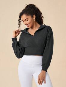 Daily&Casual Half Zip Drop Shoulder Crop Sports Sweatshirt - Dark Grey - View 3