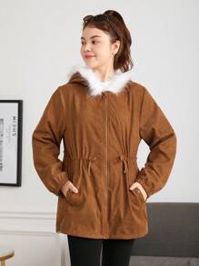 Teen Girls' Hooded Drawstring Waist Casual Jacket - Brown - View 6