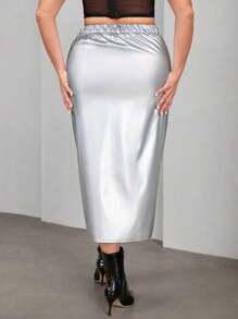 SHEIN Privé Kích thước lớn Thanh lịch Da giả Váy - Bạc - Xem 2