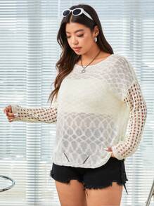 SHEIN EZwear Kích thước lớn Dệt kim Thả vai Xu hướng: Cắt giảm Áo len Với Vá lại - Màu be - Xem 4