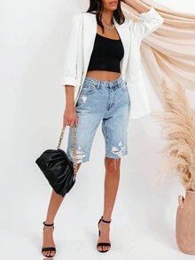 Casual Ripped Loose Denim Midi Pants - Light Wash - View 5