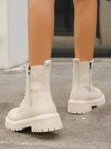 秋冬搭配毛衣连衣裙，新款女士时尚休闲纯色雪地靴，系带前拉链侧米色短靴，女靴，毛绒靴 - 米色 - 查看 4