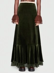 ROMWE Hippie Falda de talle alto bajo con fruncido de terciopelo - Verde Oscuro - Ver 1