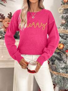 Chiquease 女士落肩字母图案针织套头毛衣，秋冬款 - 玫紅色 - 查看 6