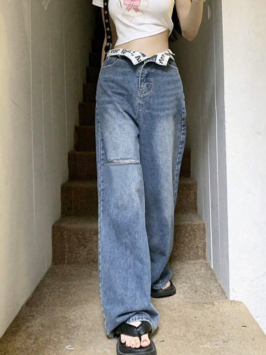 Quần jeans ống rộng xắn gấu in chữ kiểu rách rưới, phong cách thường ngày mùa xuân. - Rửa trung bình - Xem 1