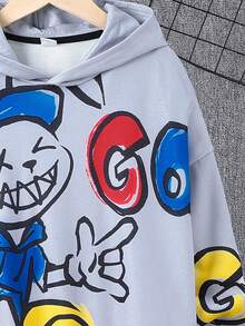 SHEIN 青少年男孩可爱卡通图案印花宽松针织套头衫 - 灰色 - 查看 4