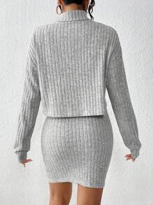 SHEIN Essnce Solid Color High Neck Drop Shoulder Sleeve T-shirt And Skirt - Grey - View 2