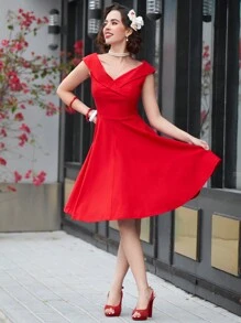 MUXXN Đầm xòe dáng chữ A cổ chữ V phong cách retro thập niên 1950, thích hợp cho tiệc cocktail mùa hè, thanh lịch. - Đỏ - Xem 6